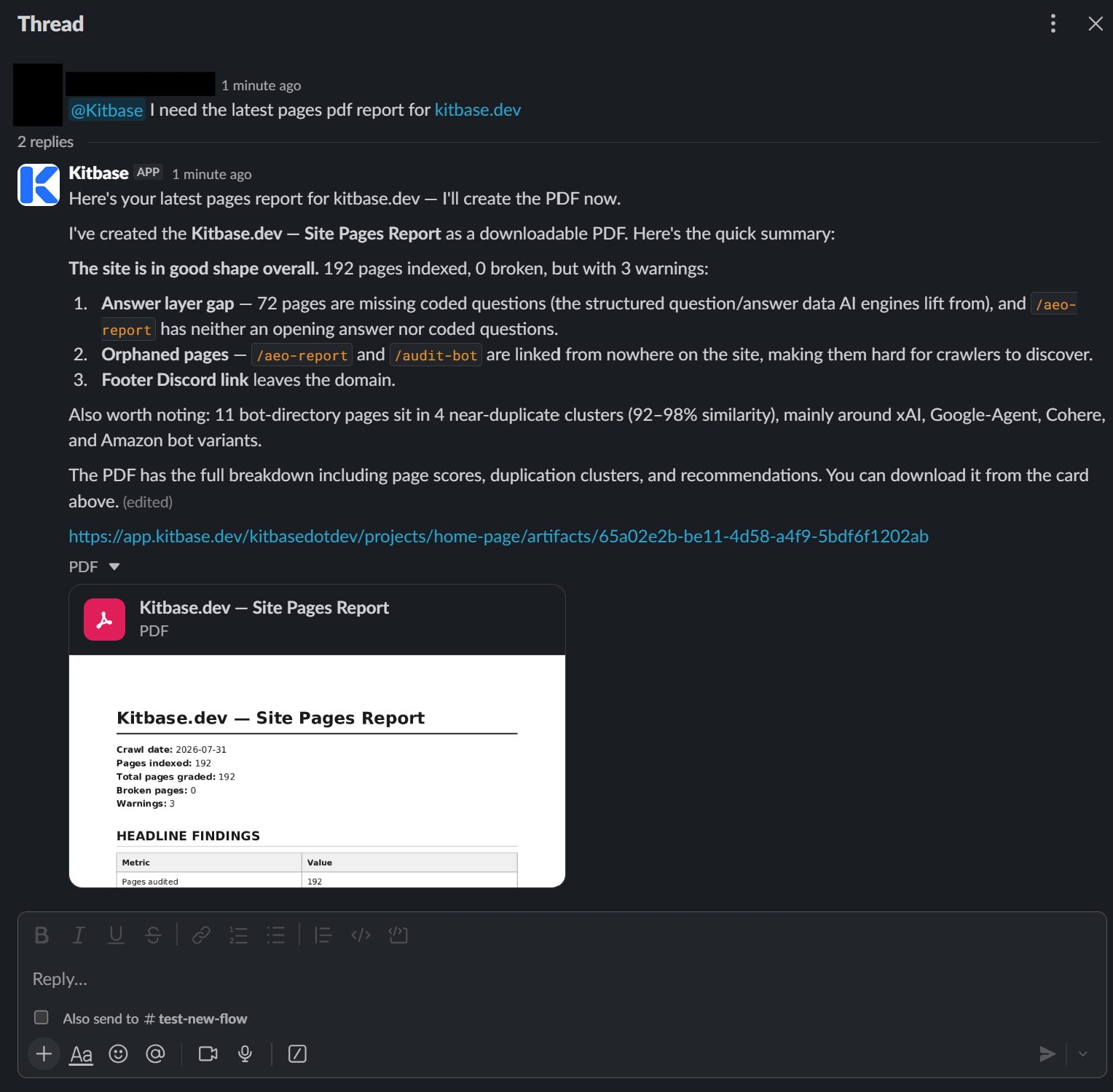 A Slack thread: someone asks @Kitbase for the latest pages PDF report, and the assistant replies with a short summary of the findings and an attached Site Pages Report PDF