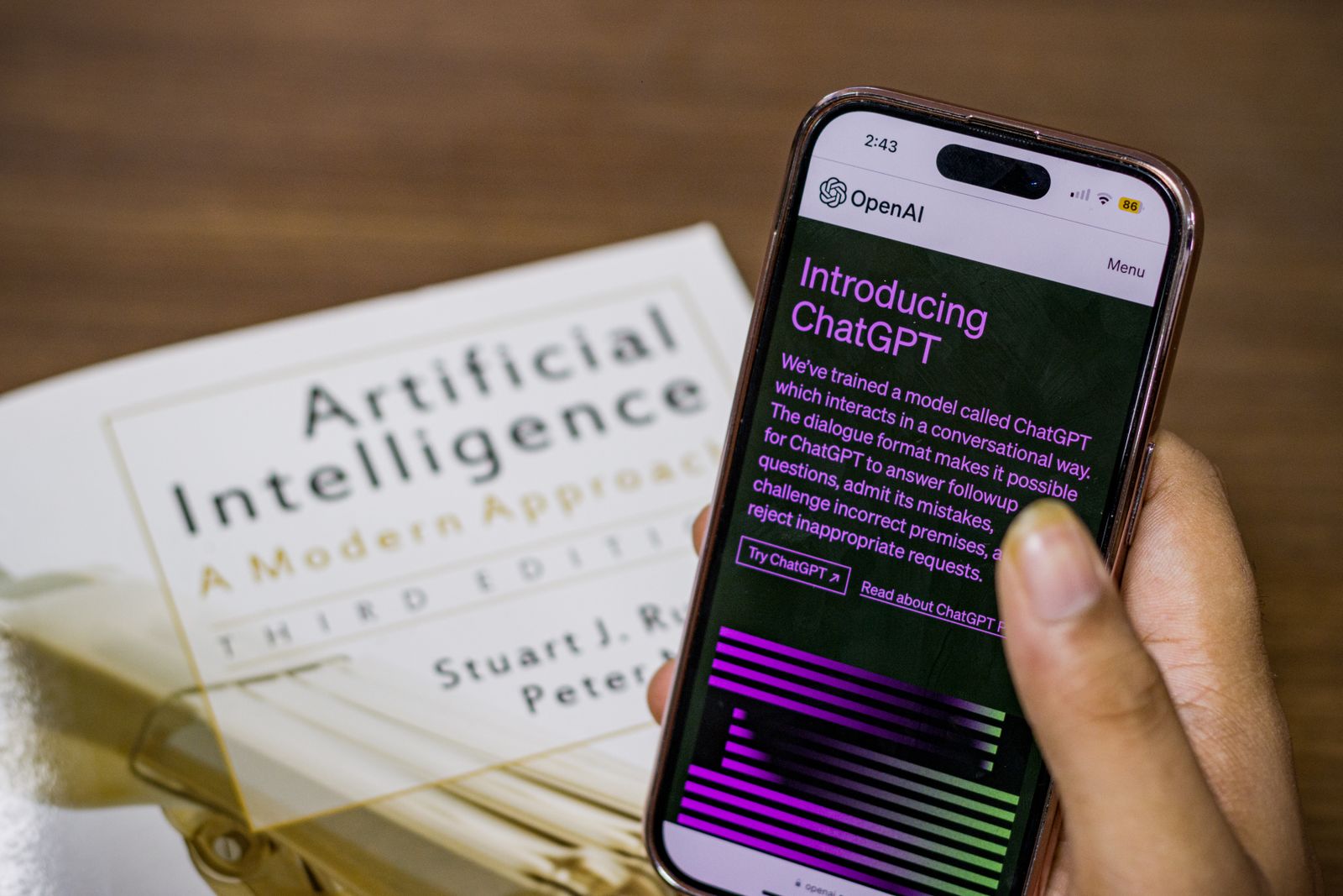 A smartphone showing an AI assistant answering a question
