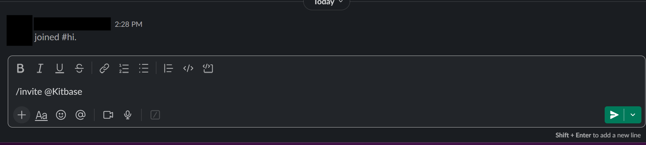 The Slack message box in a channel with "/invite @Kitbase" typed and ready to send