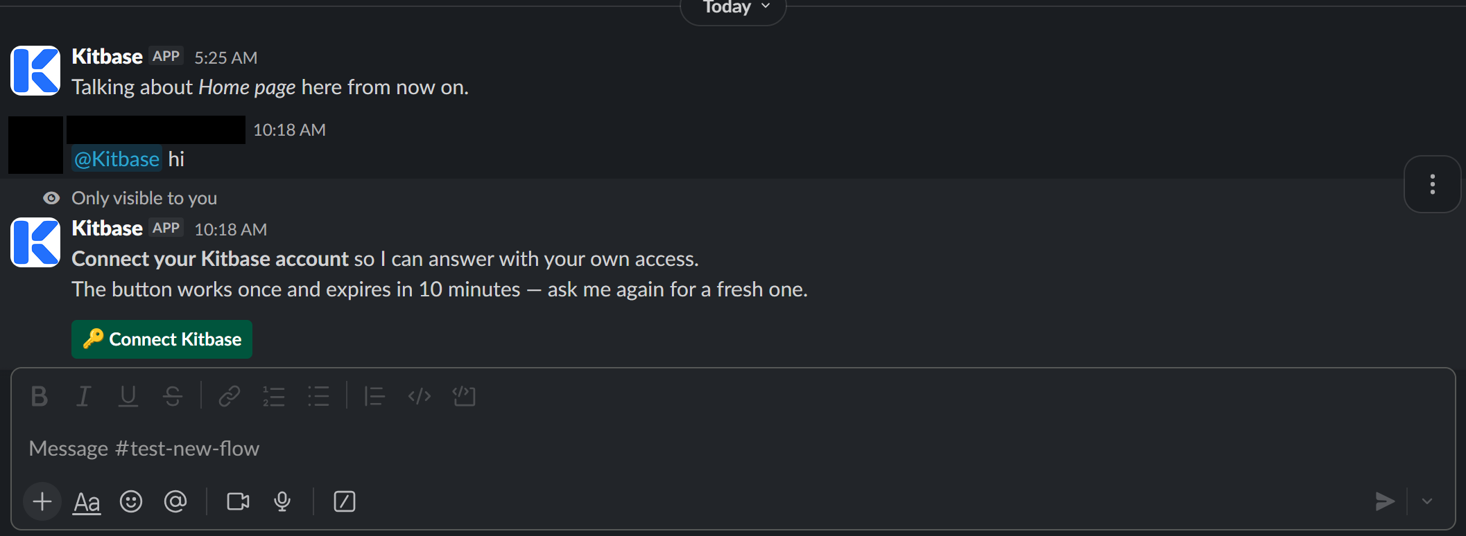The assistant's first reply in a channel, visible only to the person who wrote: "Connect your Kitbase account so I can answer with your own access", with a Connect Kitbase button