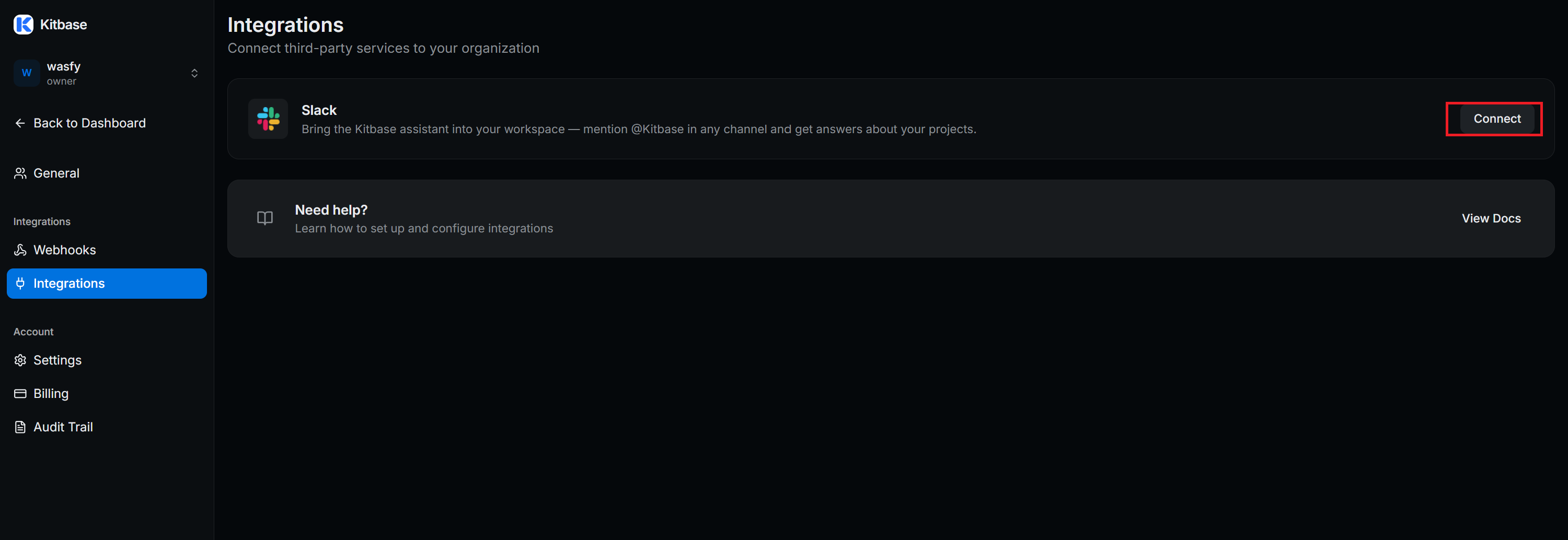 The Kitbase dashboard's Integrations page, with a Slack row and its Connect button highlighted