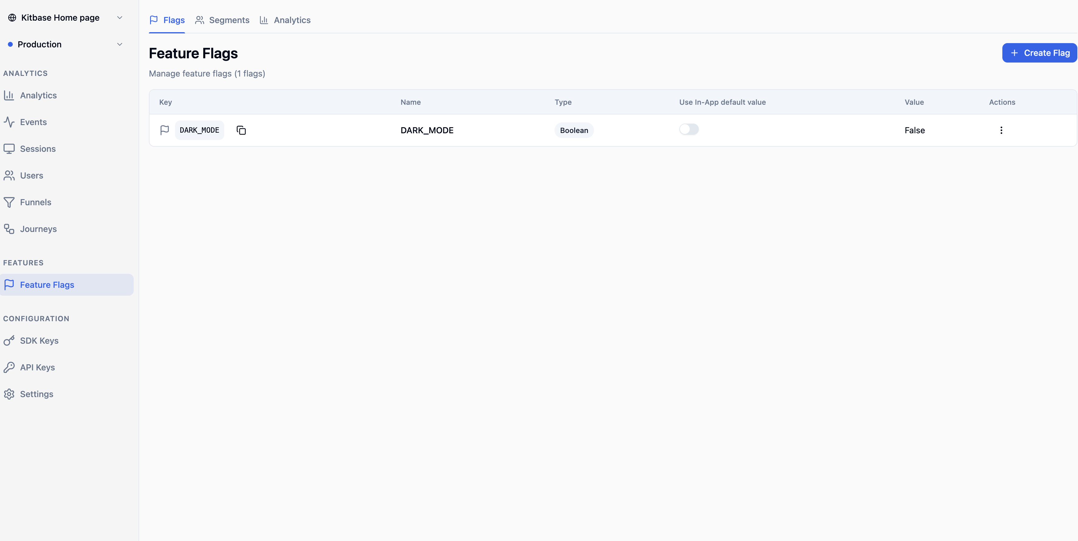 Kitbase feature flags dashboard with flag keys, types, default values, and toggle controls